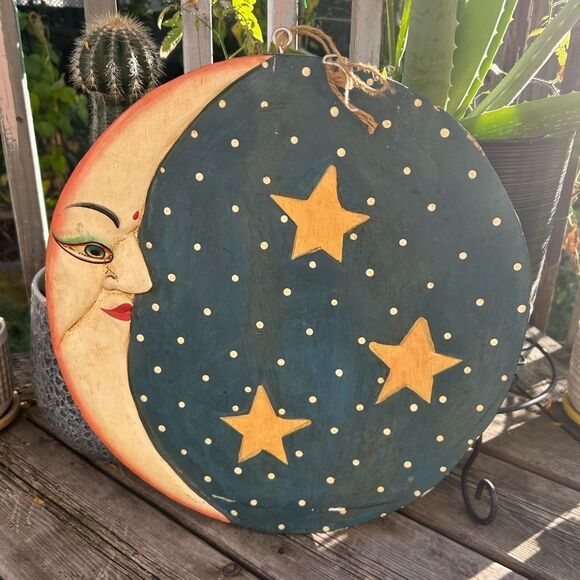 Vintage 16" Handmade Indonesia Hand Painted Sun Moon Wooden Wall Hanging Whimsy - Picture 8 of 16